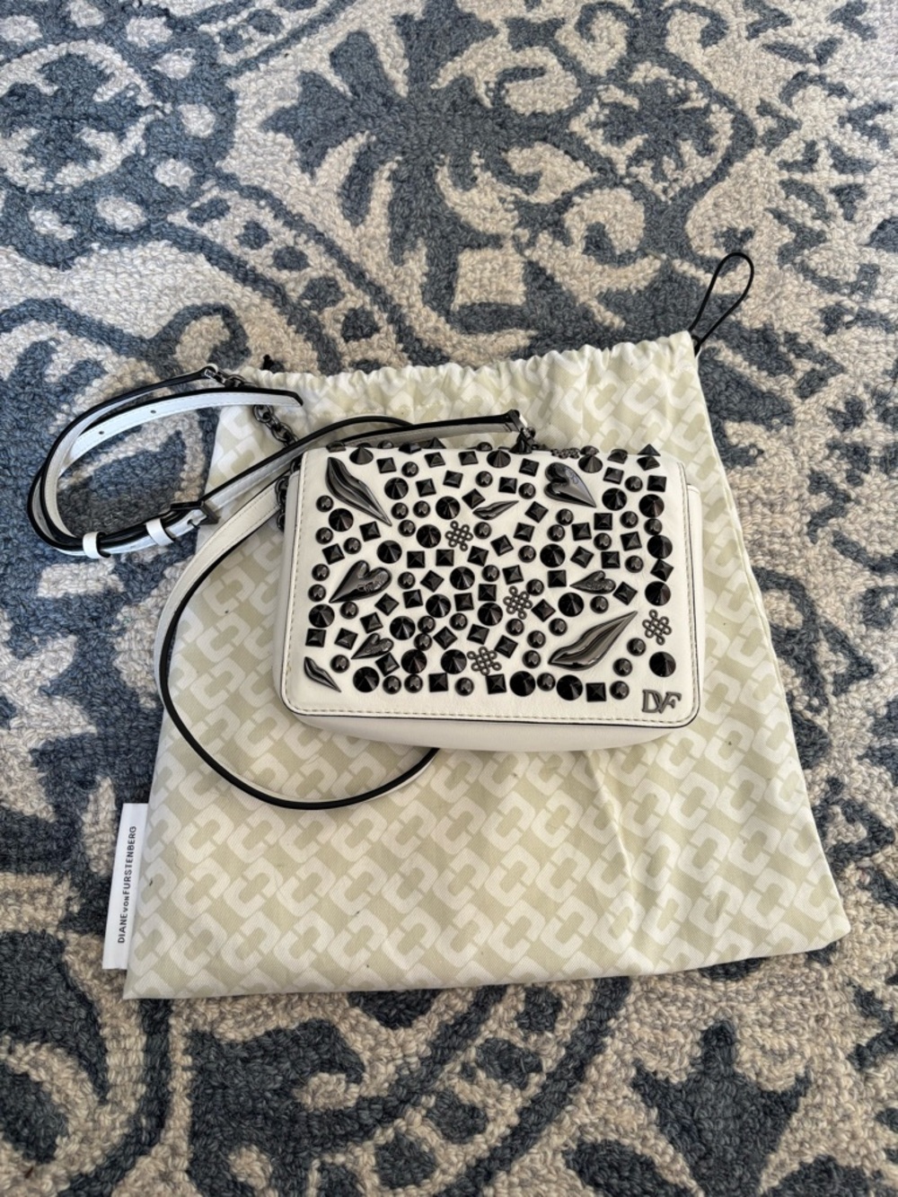 DVF White Studded Crossbody Bag with chain and leather shoulder strap